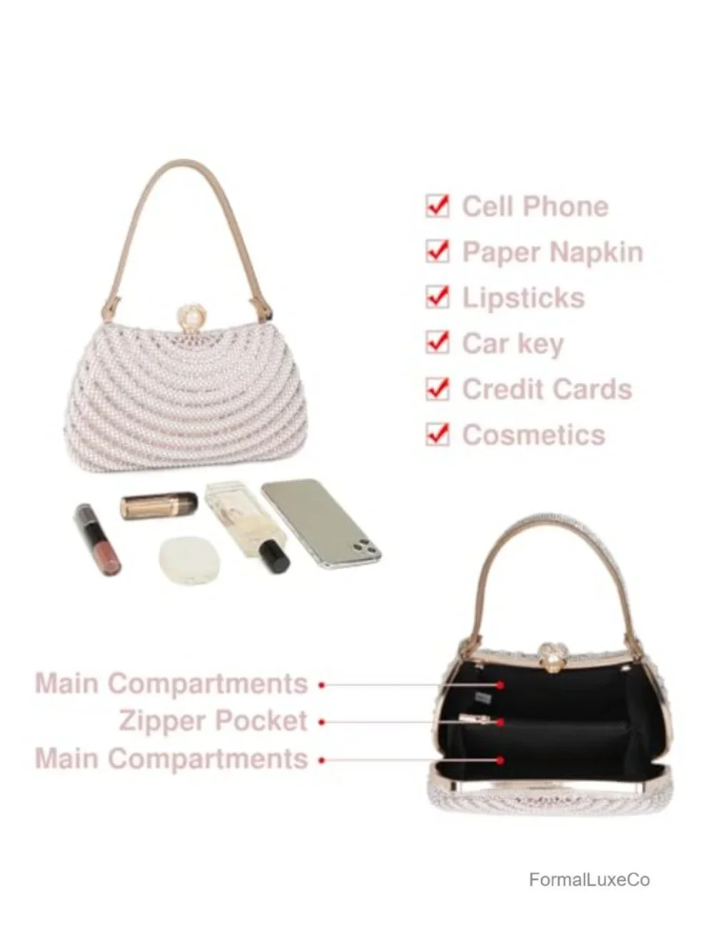 Rhinestone Pearl Evening Clutch Purse for Women with Chain Leather Handle
